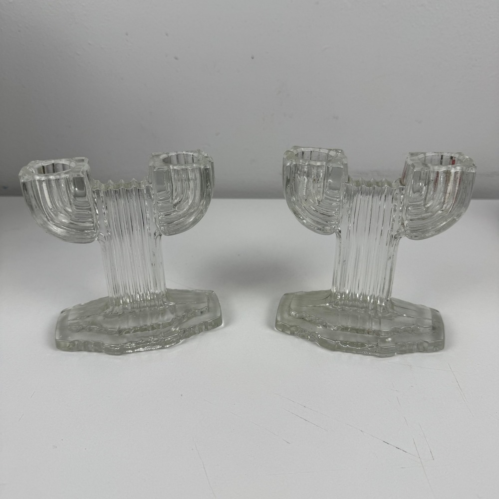 Vintage‎ Art Deco Clear Pressed Glass Cactus Double Taper Candle Holders Pair